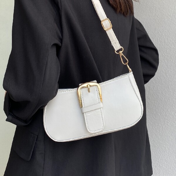 

Minimalist Buckle Decor Crossbody Bag, White