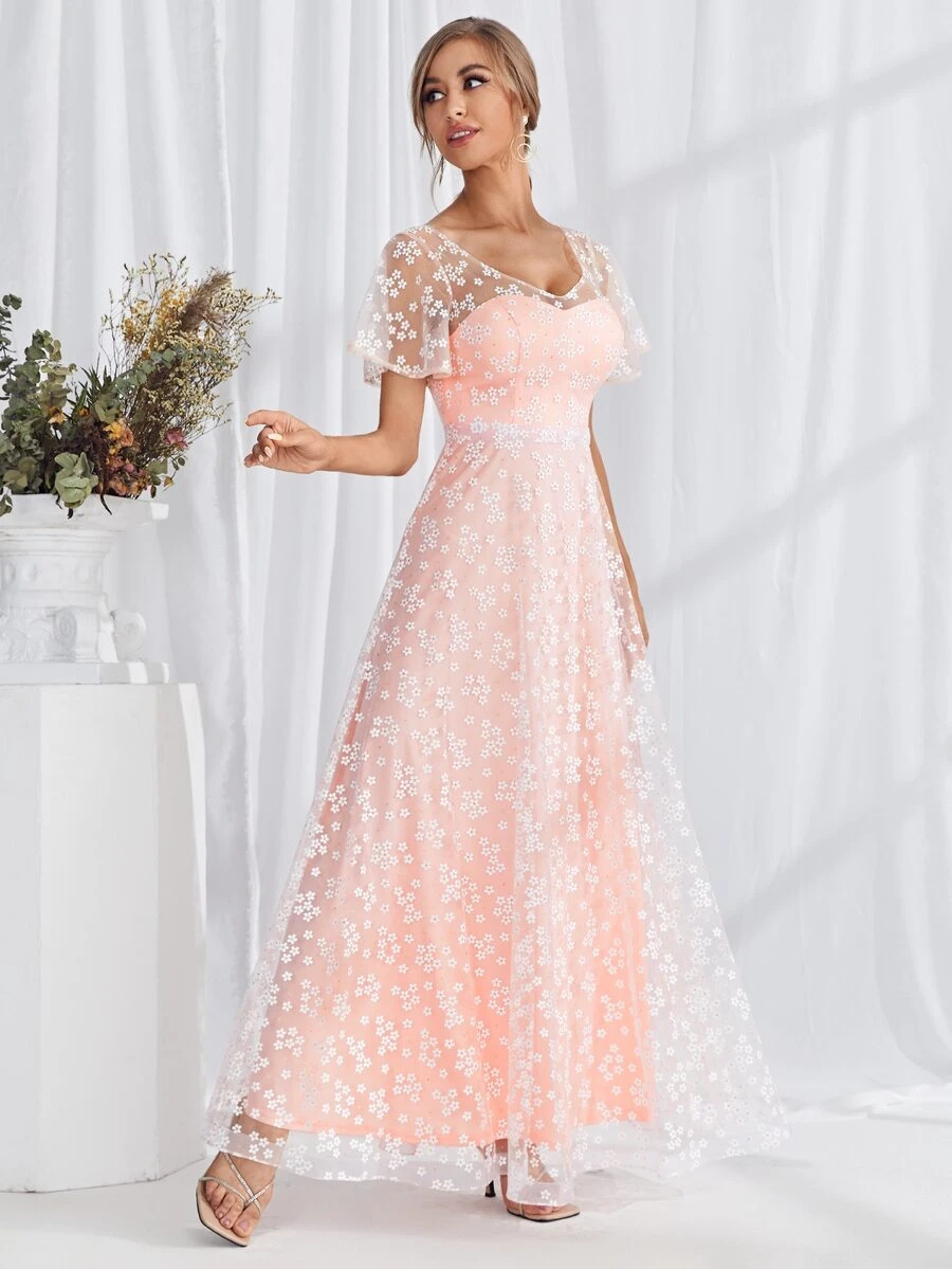 Ditsy Floral Mesh Maxi Dress - Baby Pink - View 1