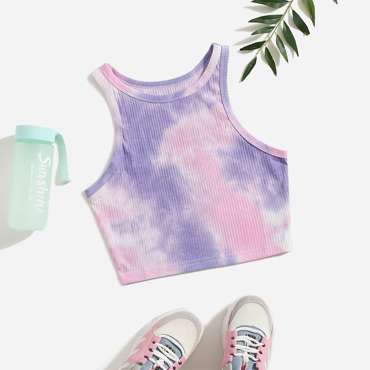 

Tie Dye Rib Knit Crop Sports Tank, Multicolor