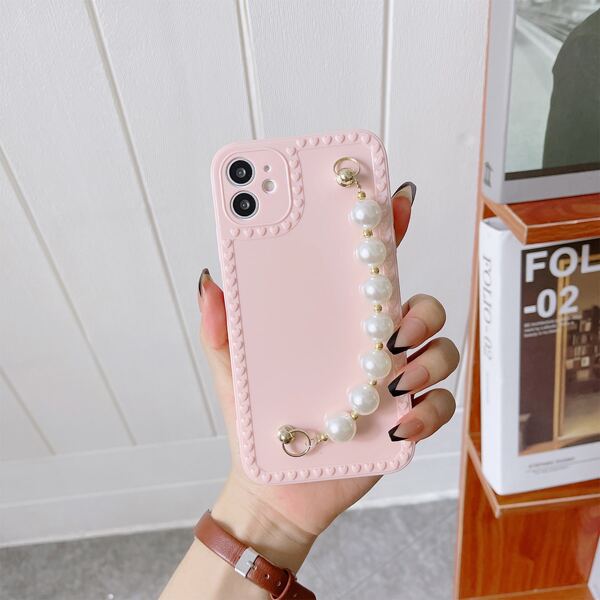 

Faux Pearl Hand Strap Phone Case, Pink
