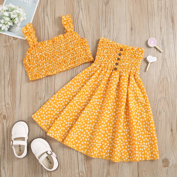 

Toddler Girls Ditsy Floral Shirred Cami Top With Flared Skirt, Yellow