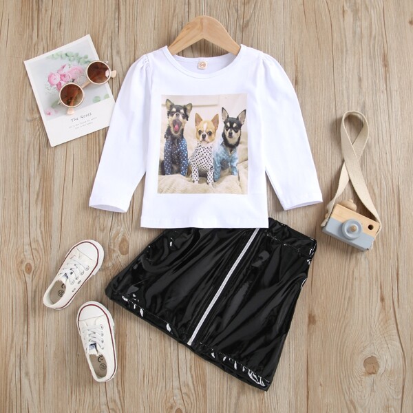 

Toddler Girls Dog Print Top & Zip Front Patent Leather Skirt, Black and white