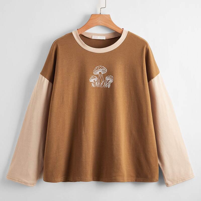 

Mushroom Print Colorblock Tee, Multicolor