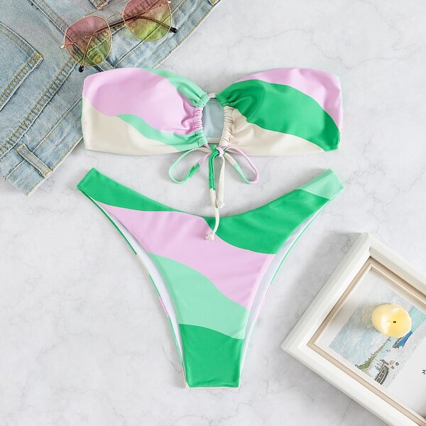 

Color Block Bandeau Bikini Swimsuit, Multicolor