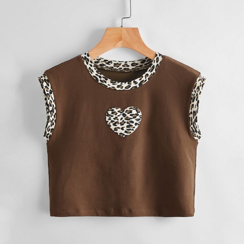 

Contrast Leopard Print Tank Top, Coffee brown