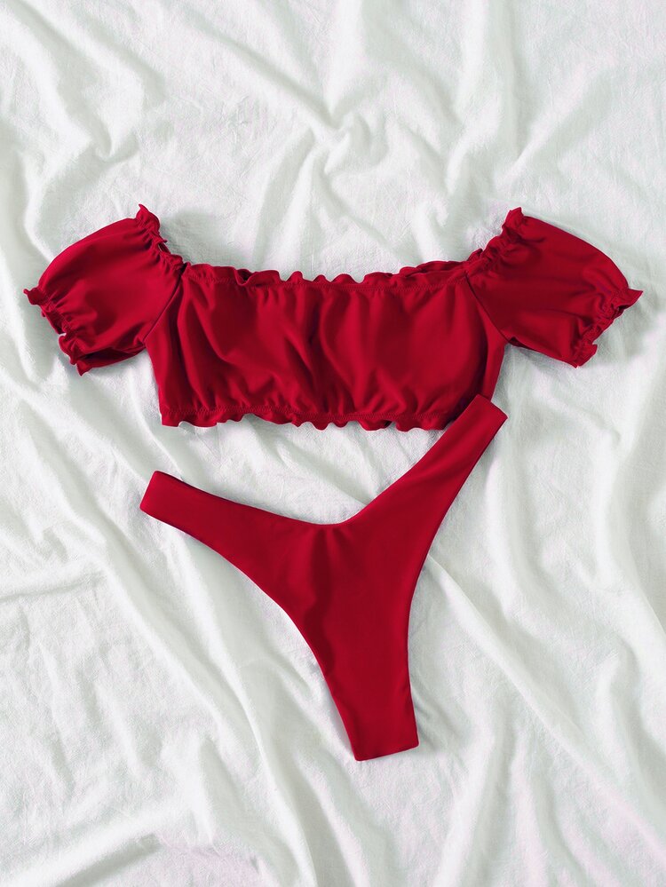 Frill Trim Drawstring Front Bardot Bikini Set, For Summer Beach Vacation - Red - View 2