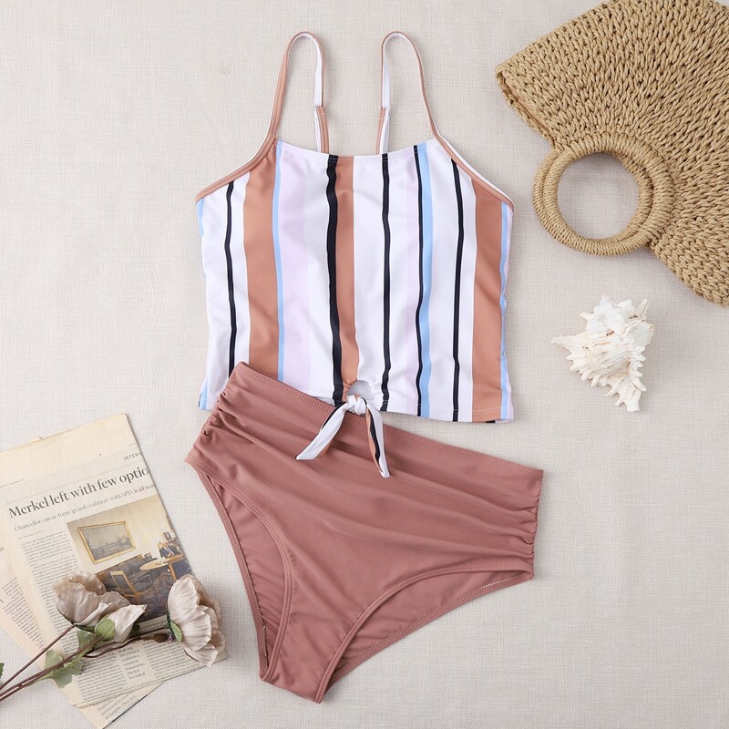 

Striped Knot Hem Ruched Bikini Swimsuit, Multicolor