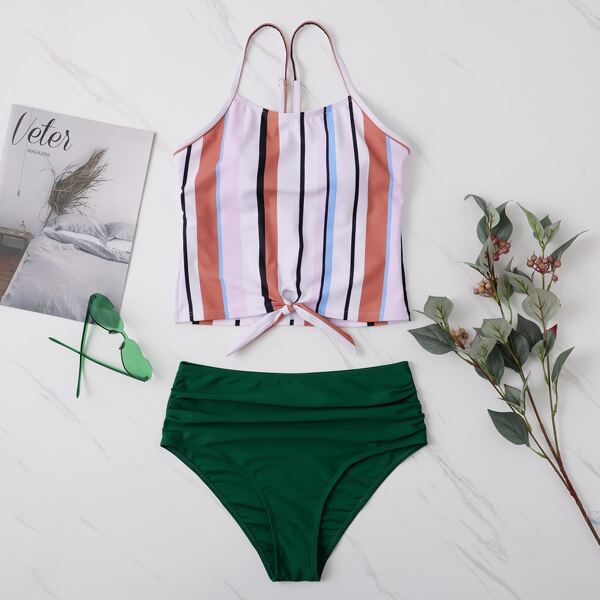 

Striped Knot Hem Ruched Bikini Swimsuit, Green