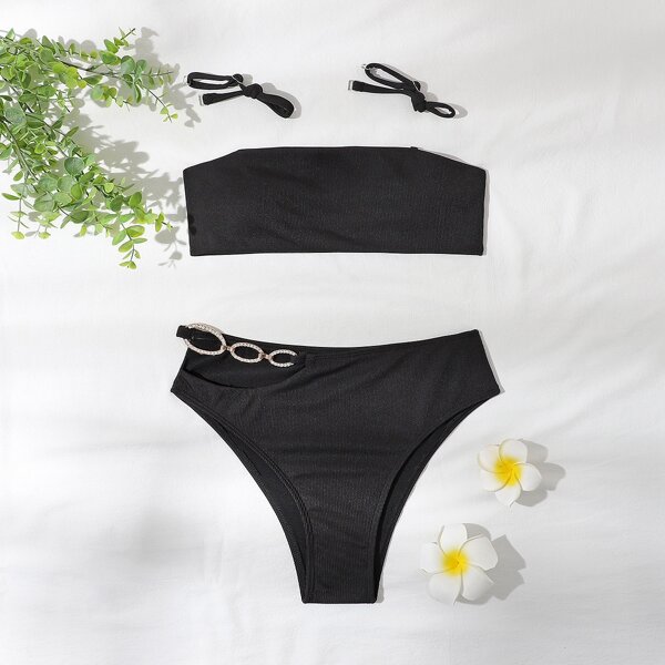 

Chain Linked Bandeau High Waisted Bikini Swimsuit, Black