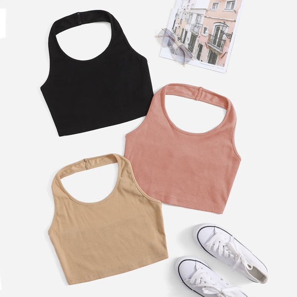 

3pcs Ribbed Knit Crop Halter Top, Multicolor