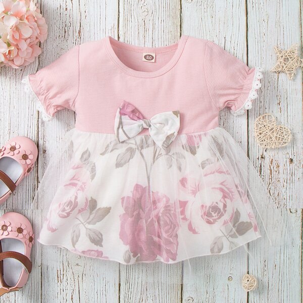 

Baby Girl Floral Bow Front Contrast Mesh Babydoll Dress, Multicolor