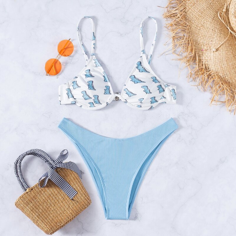 

Cartoon Dinosaur Bikini Swimsuit, Baby blue