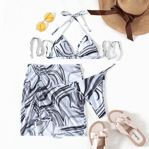 

3pack Allover Print Triangle Bikini Swimsuit & Beach Skirt, Black and white