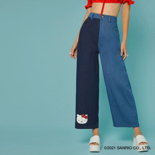 

Cat Print Color Block Wide Leg Pants, Dark wash