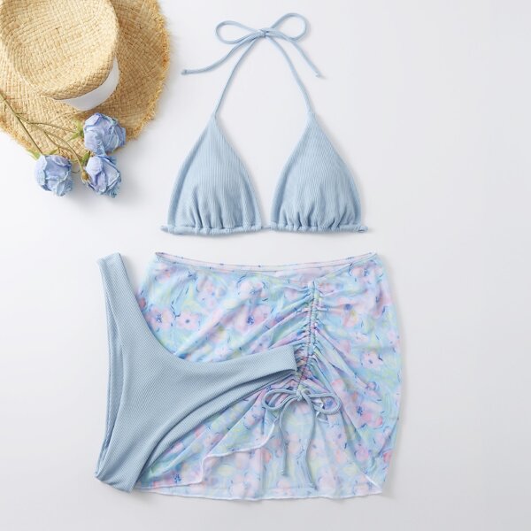 

3pack Rib Micro Triangle Bikini Swimsuit & Beach Skirt, Baby blue