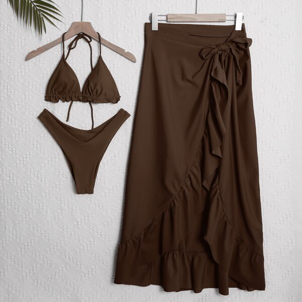 

3pack Micro Triangle Bikini Swimsuit & Beach Skirt, Chocolate brown