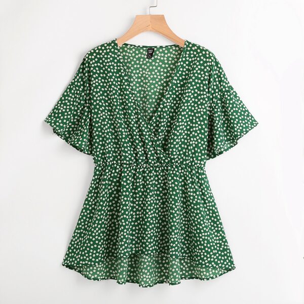 

Plus Ditsy Floral Wrap Smock Blouse, Green