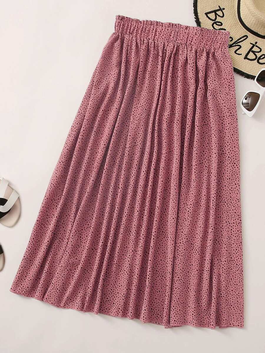 SHEIN VCAY 斑點圖案擴口中長半身裙 - 藕粉色 - 查看 1