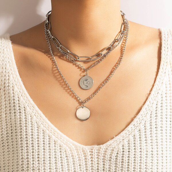 

Disc Pendant Layered Necklace, Silver