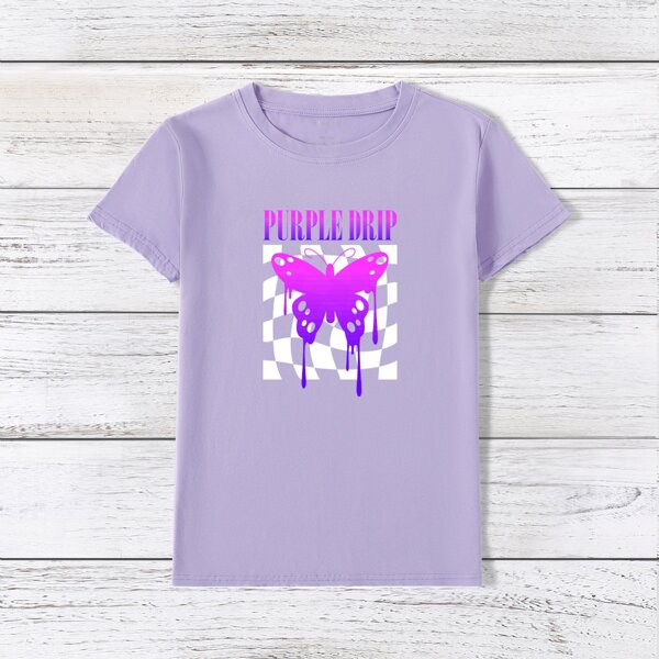 

Butterfly And Letter Graphic Tee, Lilac purple