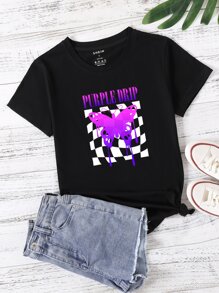 SHEIN Unity 蝴蝶型和字母圖案T恤 - 黑色 - 查看 1