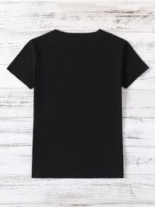 SHEIN Unity 蝴蝶型和字母圖案T恤 - 黑色 - 查看 2