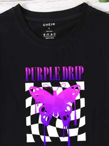 SHEIN Unity 蝴蝶型和字母圖案T恤 - 黑色 - 查看 3