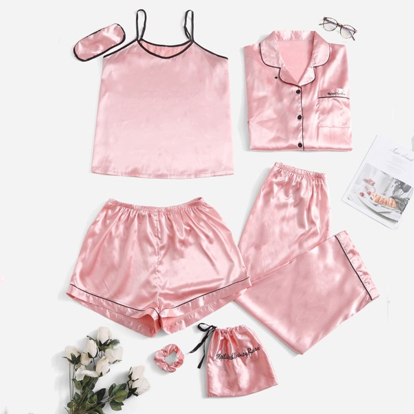 

Plus 7pcs Letter Embroidery Contrast Piping Satin PJ Set, Pink