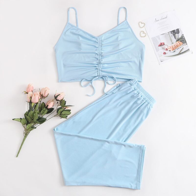 

Plus Drawstring Front Crop Cami Top & Pants PJ Set, Baby blue