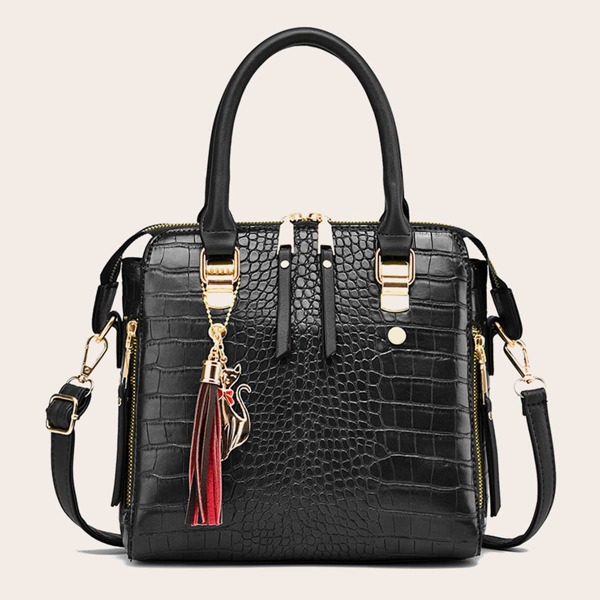 

Tassel Decor Croc Embossed Satchel Bag, Black