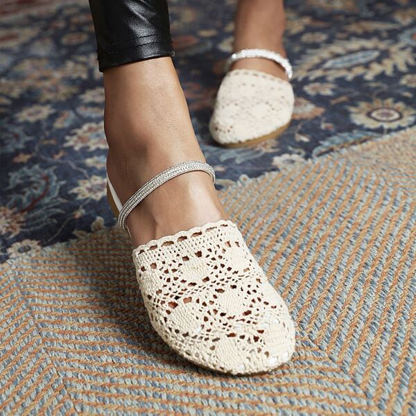 

Rhinestone Decor Lace Panel Flat Mules, Beige