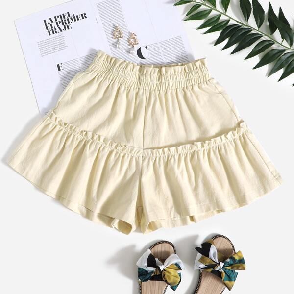 

Solid Frill Trim Shorts, Apricot