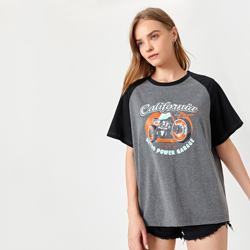 

Letter Motorcycle Graphic Raglan Sleeve Tee, Multicolor