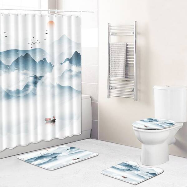 

1pc Landscape Print Bath Mat Or Shower Curtain, Multicolor