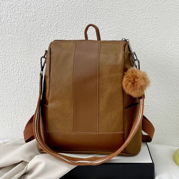 

Pom Pom Decor Large Capacity Backpack, Brown