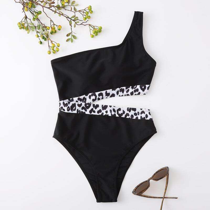 

Leopard Print One Piece Swimsuit, Black