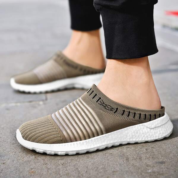 

Men Striped Pattern Breathable Knit Panel Sneakers, Khaki