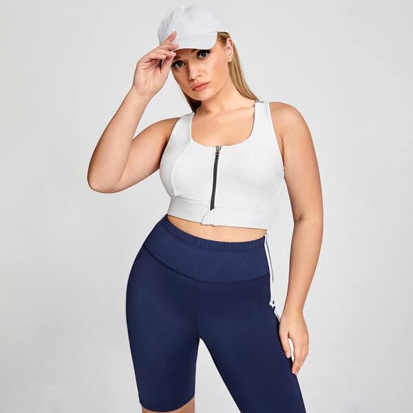 

Plus High Support Zipper Front Peekaboo Back Sports Bra, White