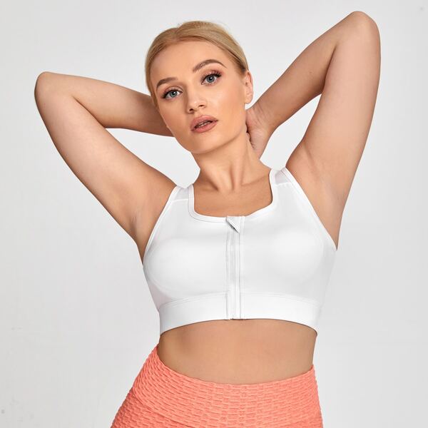 

Plus Zip Front High Support Sports Bra, White