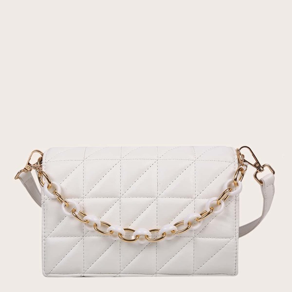 

Minimalist Chain Decor Quilted Square Bag, White