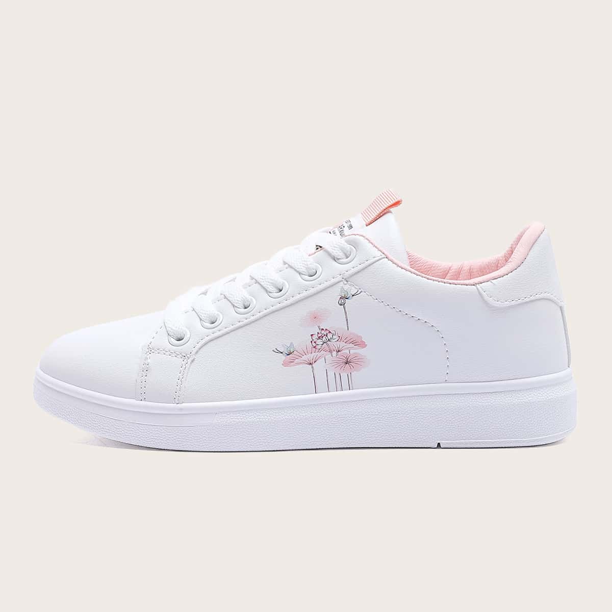 

Plants Pattern Lace Up Front Skate Shoes, White
