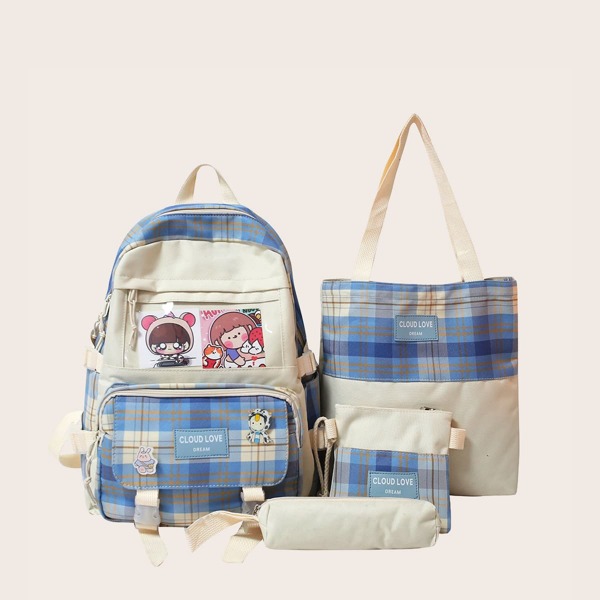 

Plaid Cartoon Graphic Backpack, Blue and white