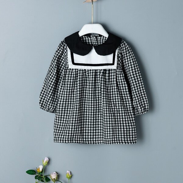 

Toddler Girls Gingham Contrast Collar Babydoll Dress, Black