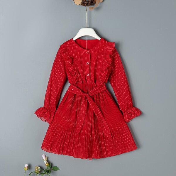

Toddler Girls Polka Dot Ruffle Detail Belted Dress, Red