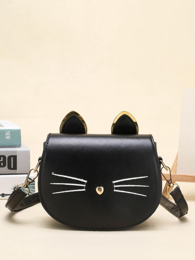 A Girl's Cartoon Cat Pu Flip Closure Cute Crossbody Bag Suitable For Daily Use On Vacations - Black - View 1