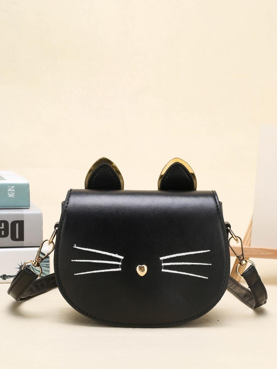A Girl's Cartoon Cat Pu Flip Closure Cute Crossbody Bag Suitable For Daily Use On Vacations - Black - View 1