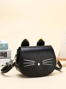 A Girl's Cartoon Cat Pu Flip Closure Cute Crossbody Bag Suitable For Daily Use On Vacations - Black - View 2