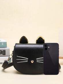 A Girl's Cartoon Cat Pu Flip Closure Cute Crossbody Bag Suitable For Daily Use On Vacations - Black - View 3