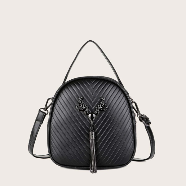 

Tassel Decor Chevron Embossed Satchel Bag, Black