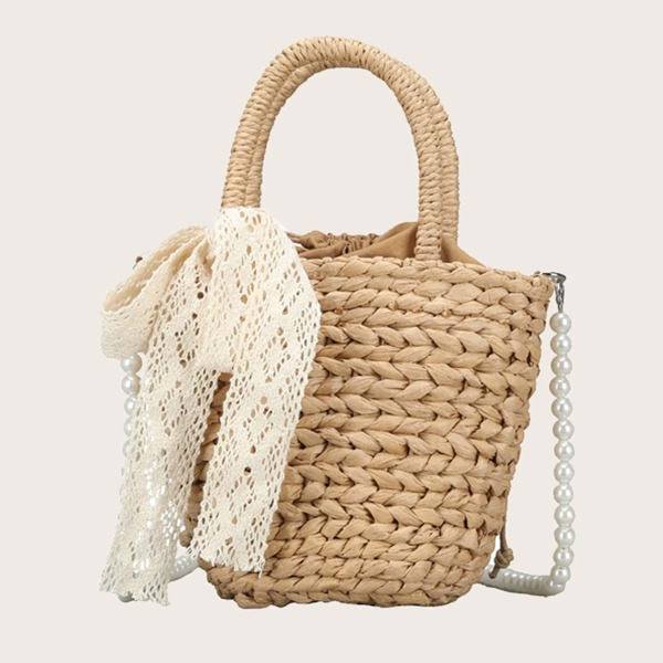 

Bow Decor Straw Design Satchel Bag, Khaki